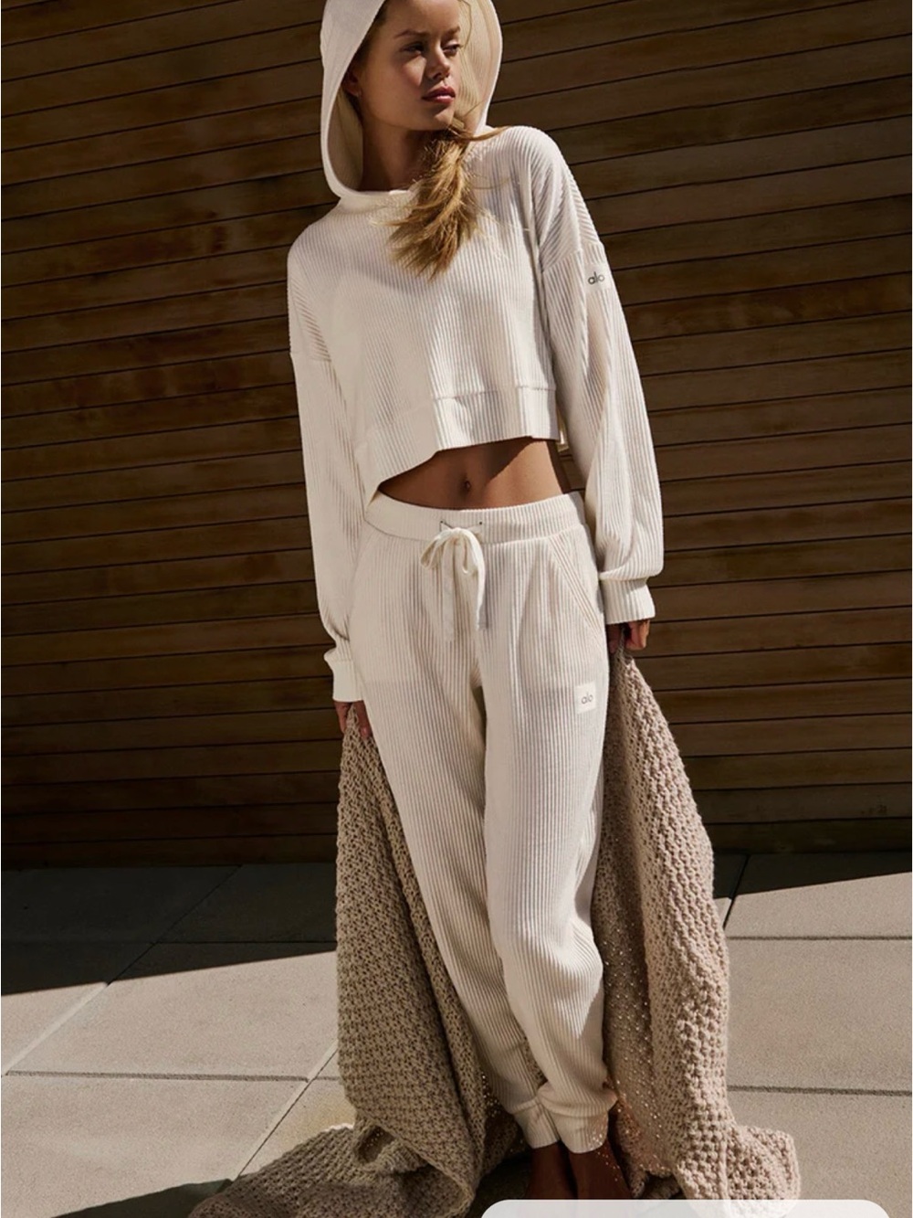 ALO Yoga Cream Ribbed Hoodie & Joggers Set